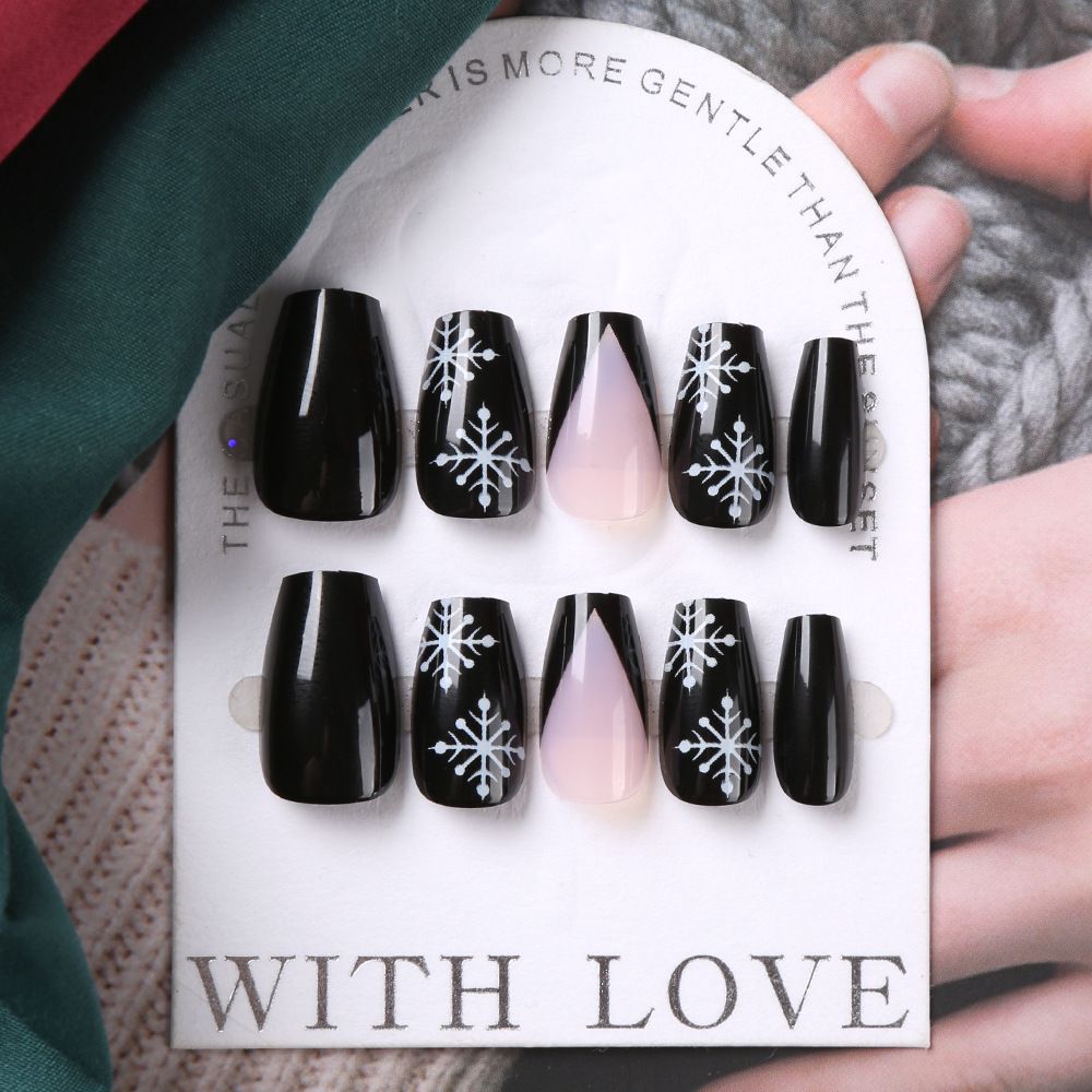 24Pcs Best-Selling European & American Christmas Press-On Nails Short Stiletto Black White Snowflakes French Nude Pink Removable False Nails
