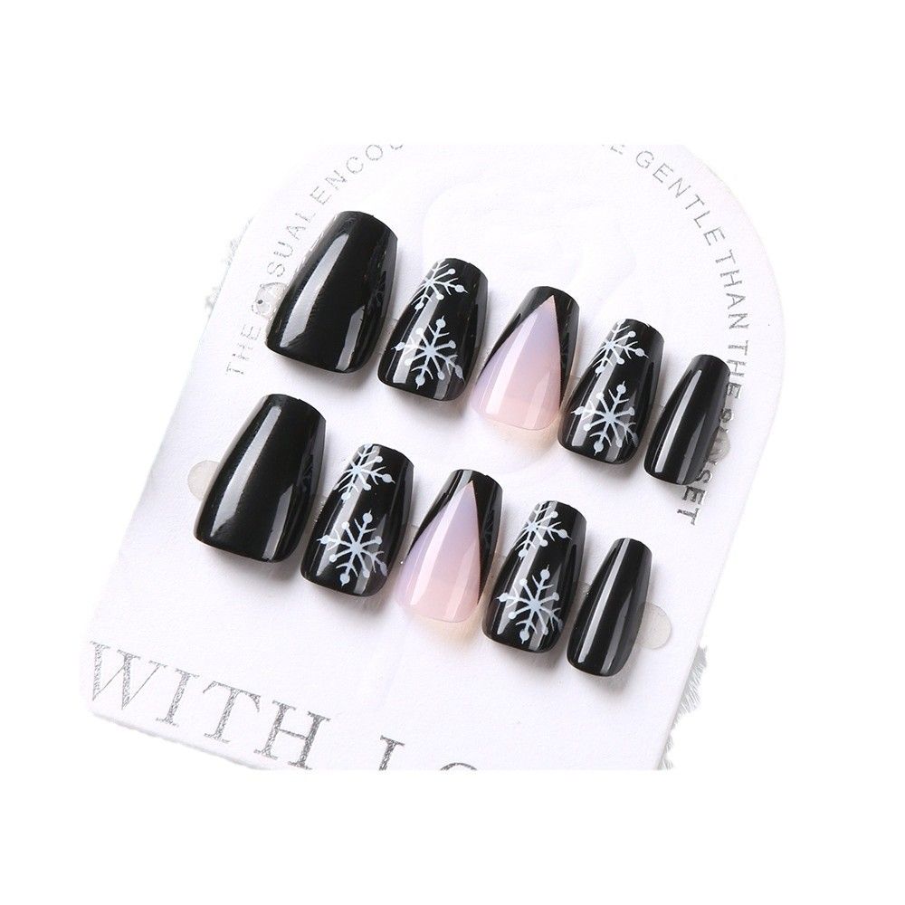24Pcs Best-Selling European & American Christmas Press-On Nails Short Stiletto Black White Snowflakes French Nude Pink Removable False Nails