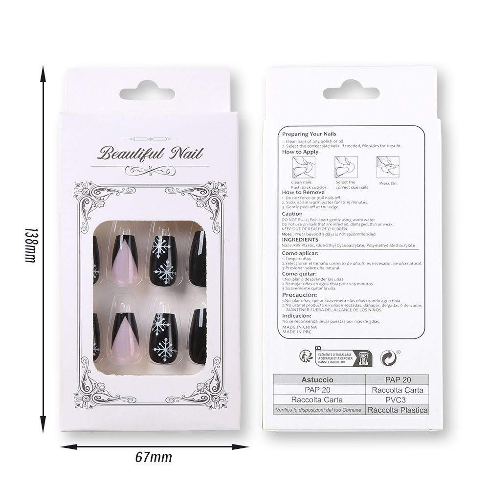 24Pcs Best-Selling European & American Christmas Press-On Nails Short Stiletto Black White Snowflakes French Nude Pink Removable False Nails