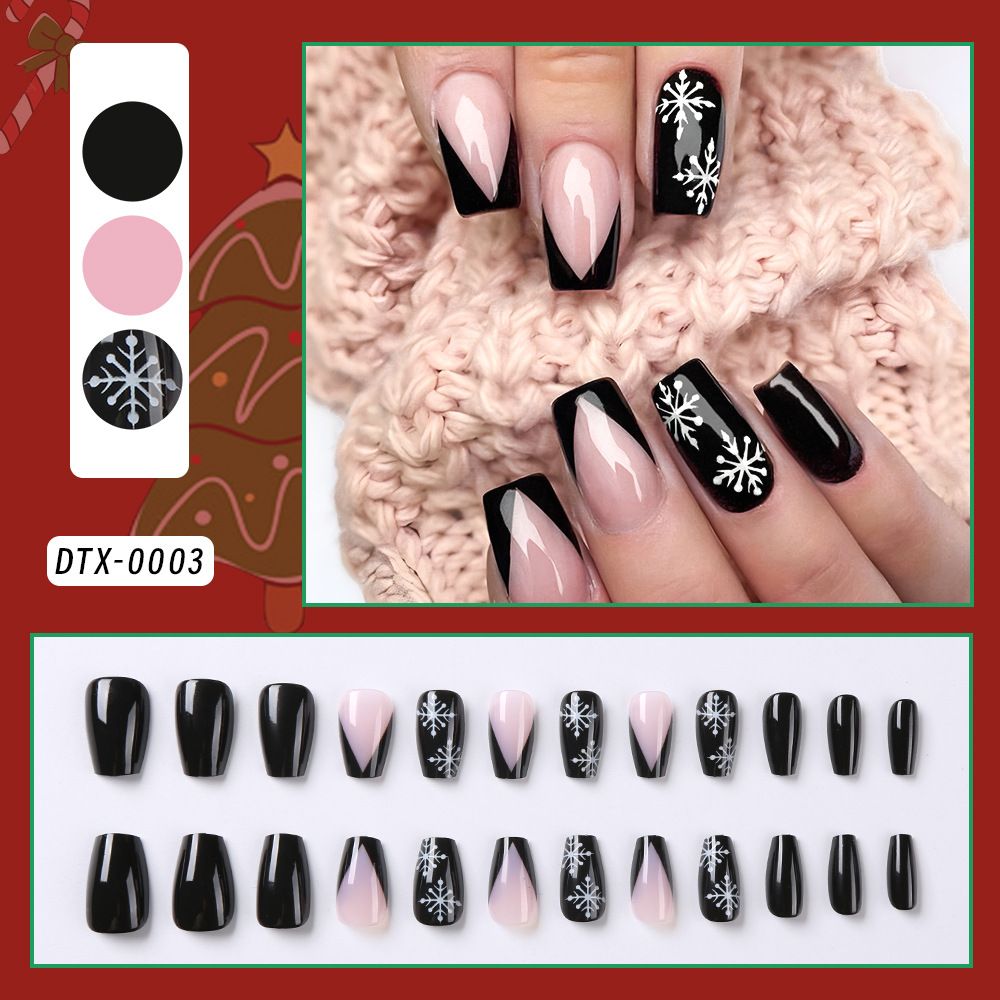 24Pcs Best-Selling European & American Christmas Press-On Nails Short Stiletto Black White Snowflakes French Nude Pink Removable False Nails