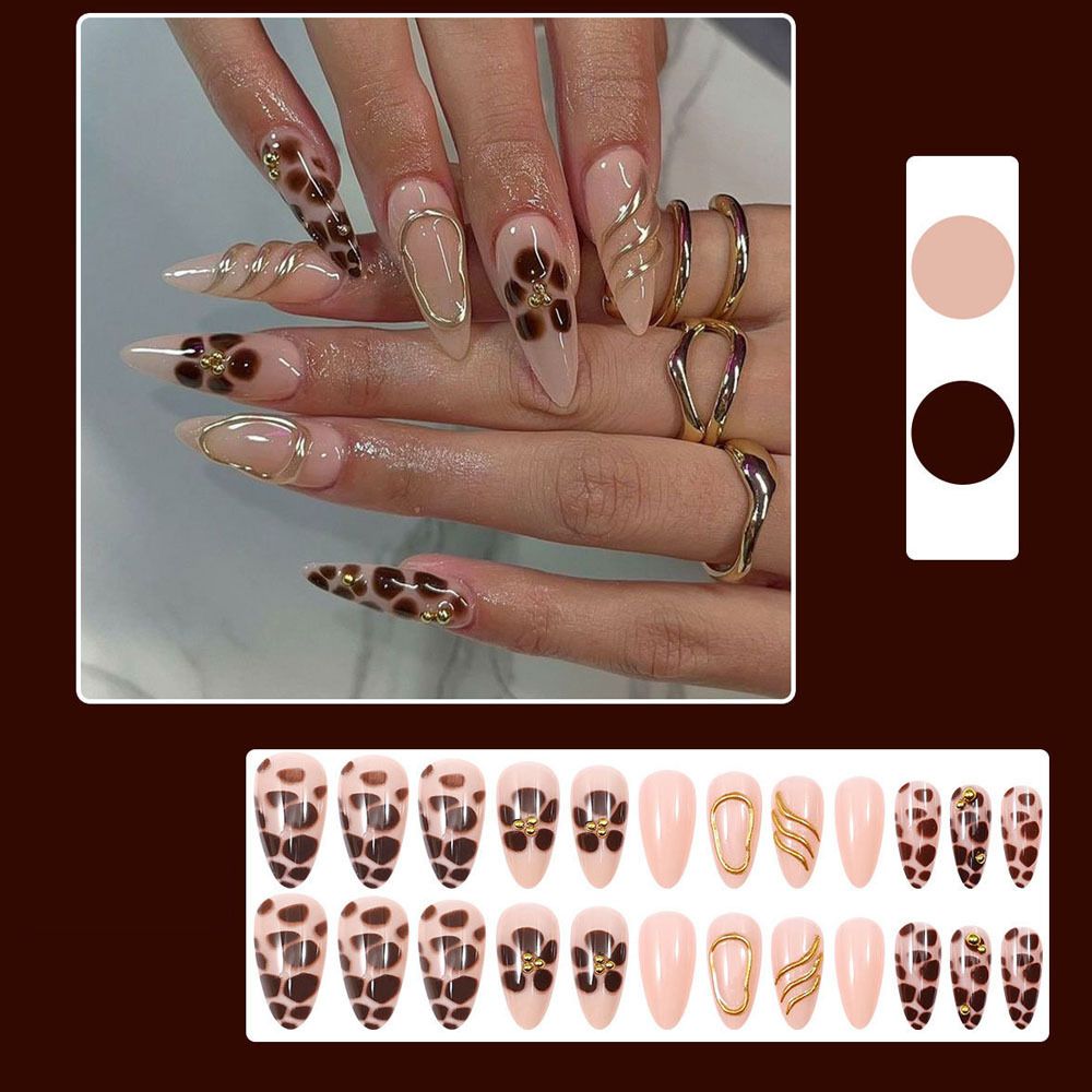 24Pcs Autumn Winter Leopard Print Press On Nails Gold Foil & Beads False Nails European American Almond Shape Reusable Wearable Nails