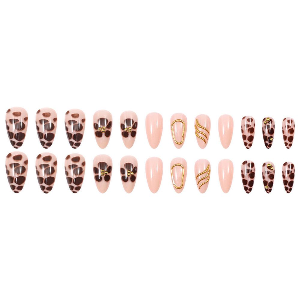24Pcs Autumn Winter Leopard Print Press On Nails Gold Foil & Beads False Nails European American Almond Shape Reusable Wearable Nails