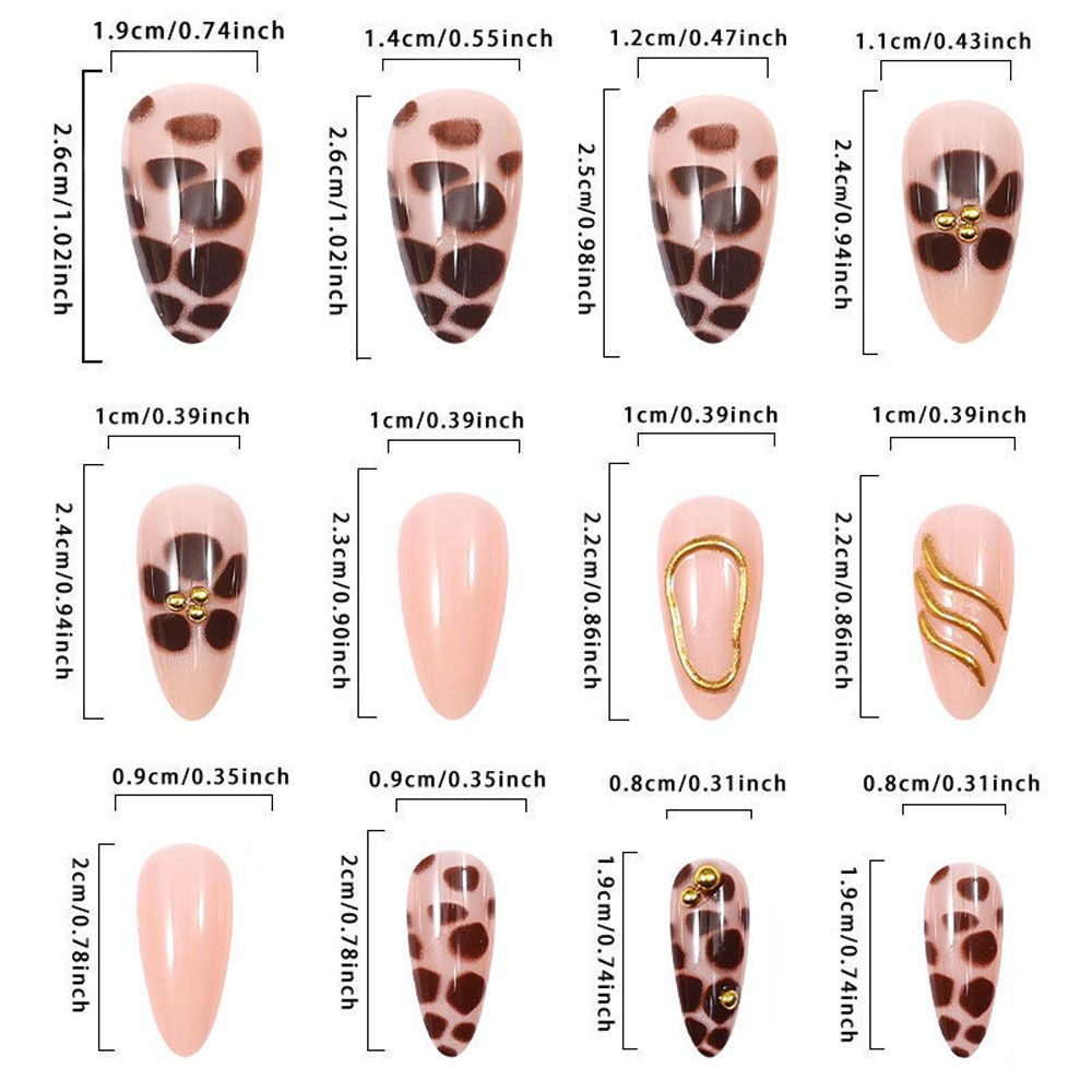24Pcs Autumn Winter Leopard Print Press On Nails Gold Foil & Beads False Nails European American Almond Shape Reusable Wearable Nails