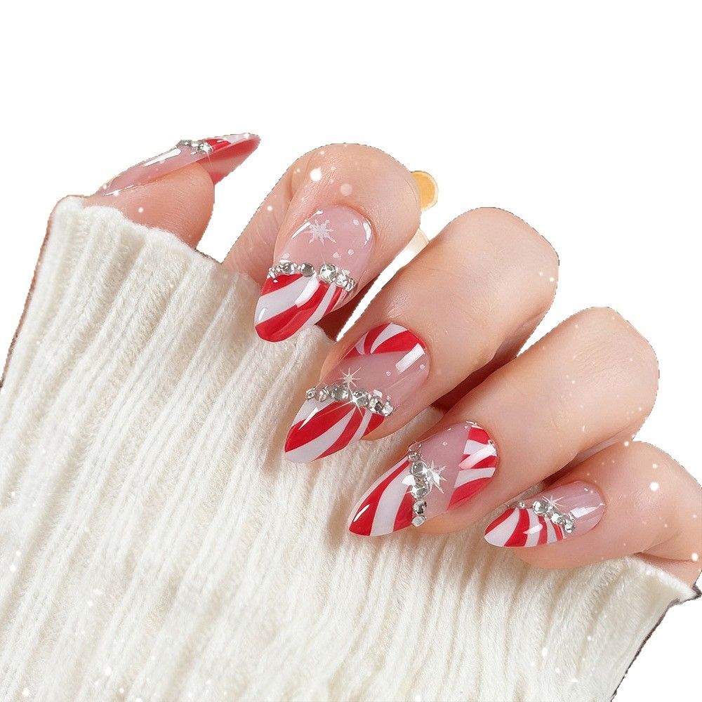 24Pcs Christmas Press On Nails Red White Stripe & Snowflake Almond Shape Diamond Decor Reusable Removable Fake Nails view 2