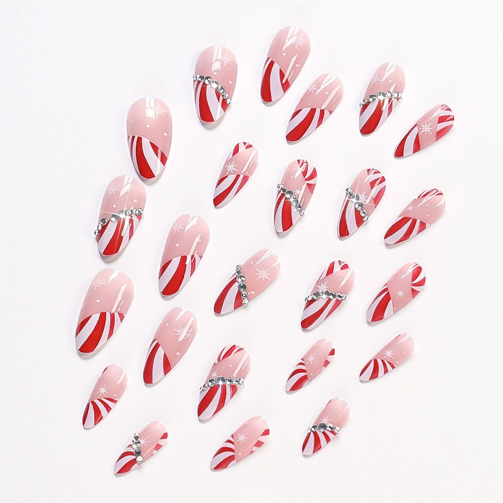 24Pcs Christmas Press On Nails Red White Stripe & Snowflake Almond Shape Diamond Decor Reusable Removable Fake Nails view 6