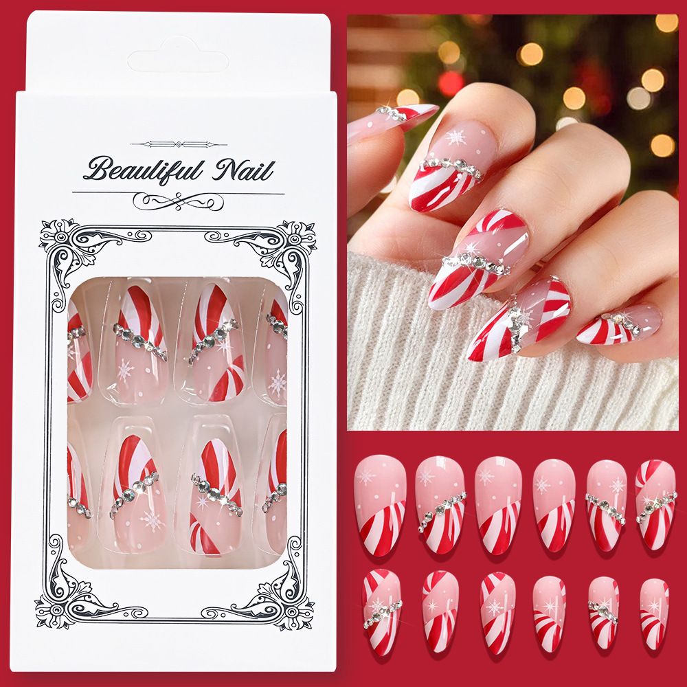 24Pcs Christmas Press On Nails Red White Stripe & Snowflake Almond Shape Diamond Decor Reusable Removable Fake Nails view 7
