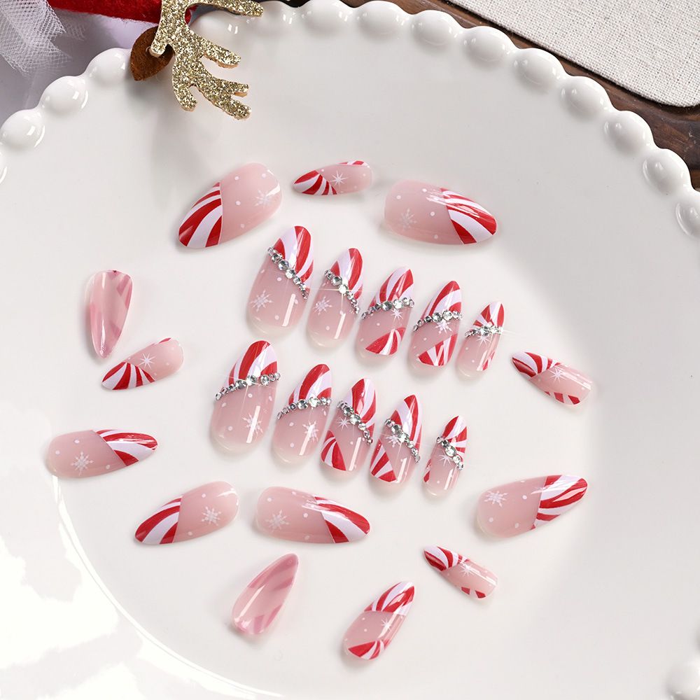 24Pcs Christmas Press On Nails Red White Stripe & Snowflake Almond Shape Diamond Decor Reusable Removable Fake Nails view 5