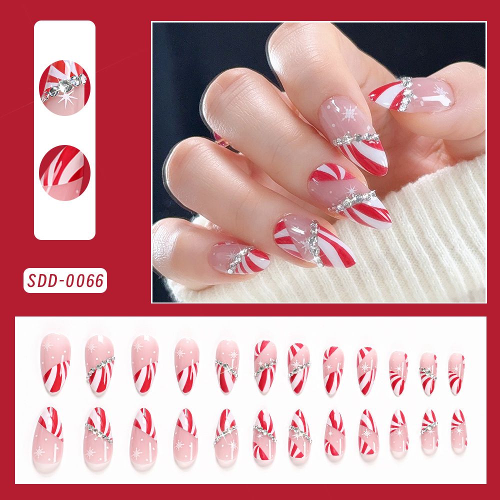 24Pcs Christmas Press On Nails Red White Stripe & Snowflake Almond Shape Diamond Decor Reusable Removable Fake Nails