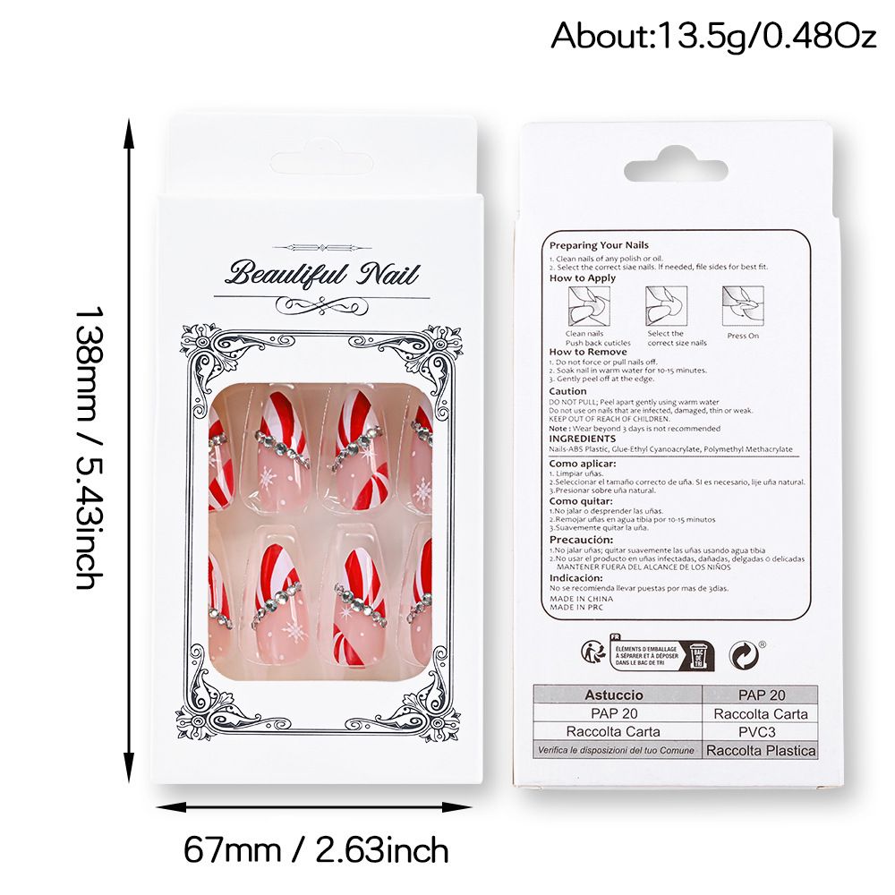 24Pcs Christmas Press On Nails Red White Stripe & Snowflake Almond Shape Diamond Decor Reusable Removable Fake Nails view 8