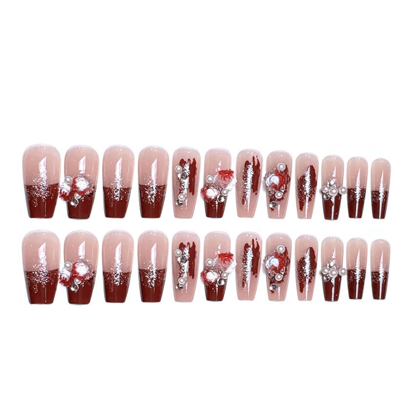 24Pcs Medium-Length Press On Nails Rose & Pearl Design French Red Tip with Glitter Luxury Fairy Style Fake Nails