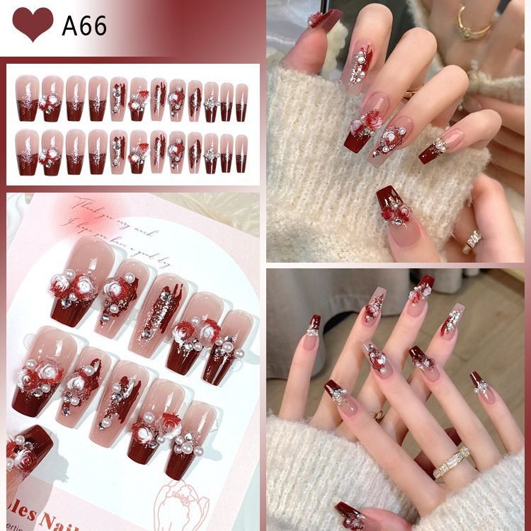 24Pcs Medium-Length Press On Nails Rose & Pearl Design French Red Tip with Glitter Luxury Fairy Style Fake Nails