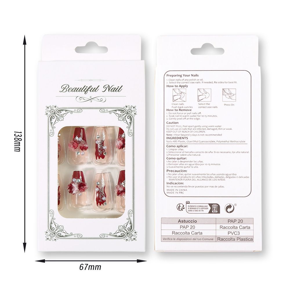 24Pcs Medium-Length Press On Nails Rose & Pearl Design French Red Tip with Glitter Luxury Fairy Style Fake Nails