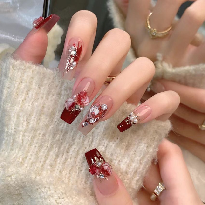 24Pcs Medium-Length Press On Nails Rose & Pearl Design French Red Tip with Glitter Luxury Fairy Style Fake Nails