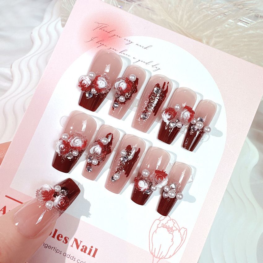 24Pcs Medium-Length Press On Nails Rose & Pearl Design French Red Tip with Glitter Luxury Fairy Style Fake Nails