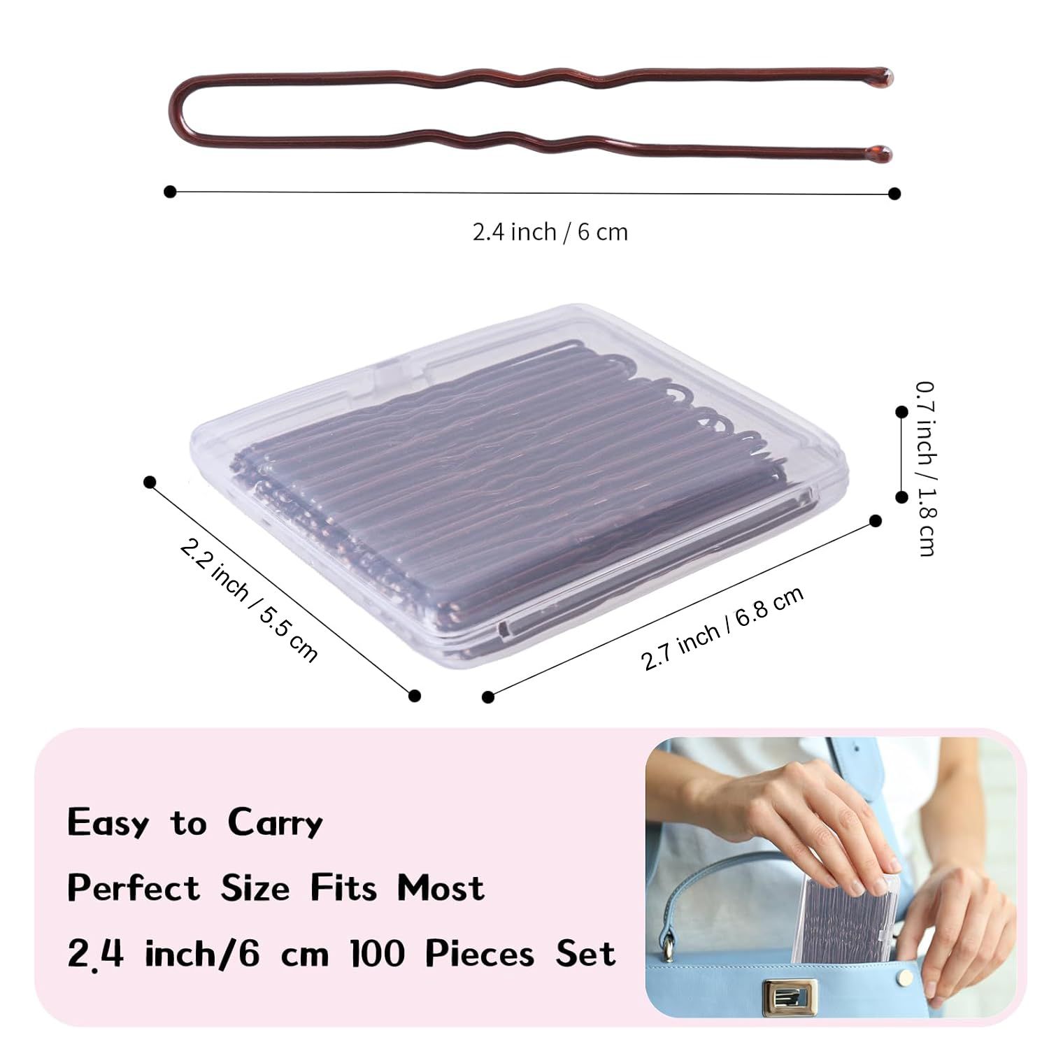 U Shaped Hair Pins, 100PCS 2.4inch Bun Hair Pins for Women Kids Girls Hairdressing Salon with Storage Box, for All Hair Types - Black
