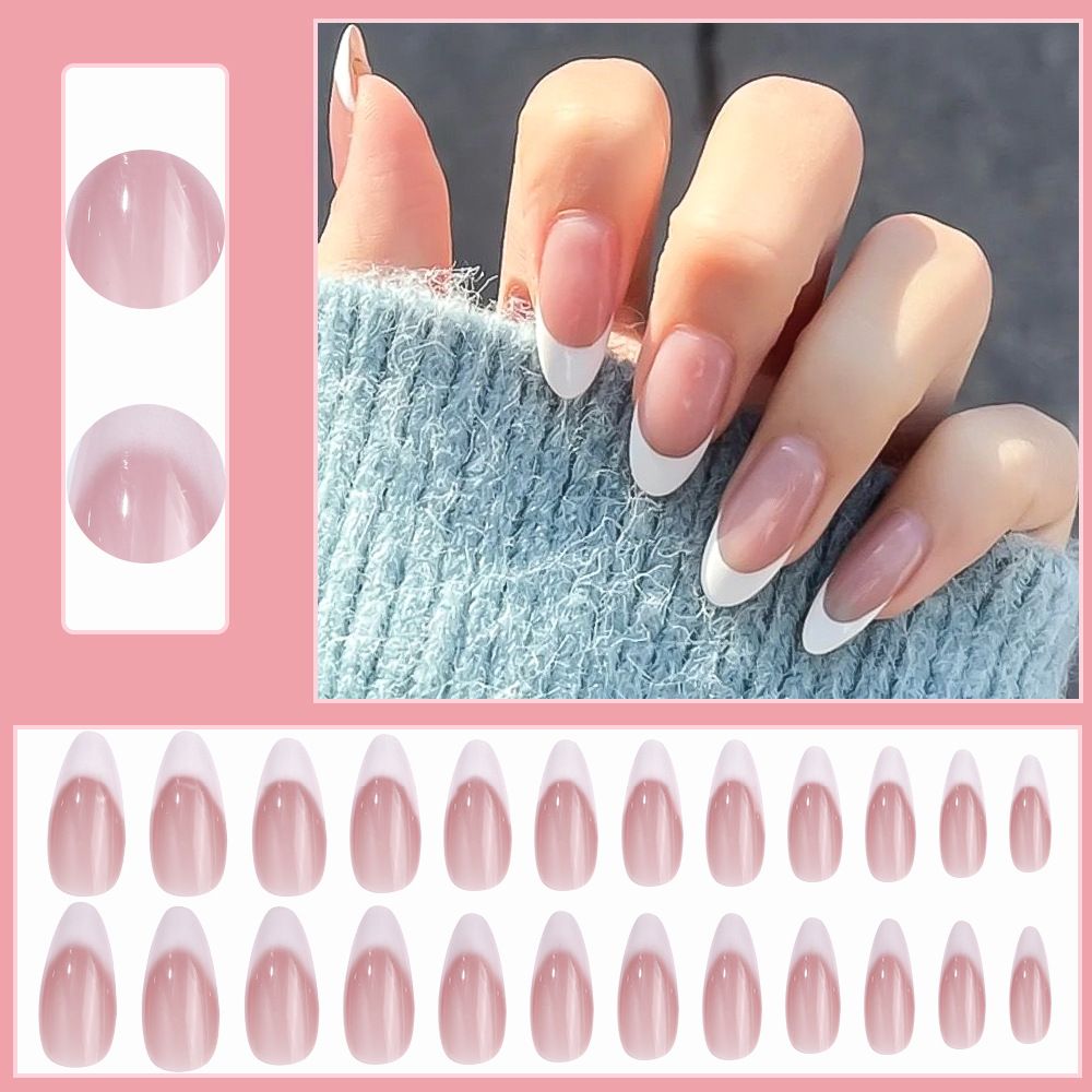 24Pcs French White Gradient Wearable False Nails, Almond Shape Detachable Nail Tips, Luxury Simple Fake Nails for Women