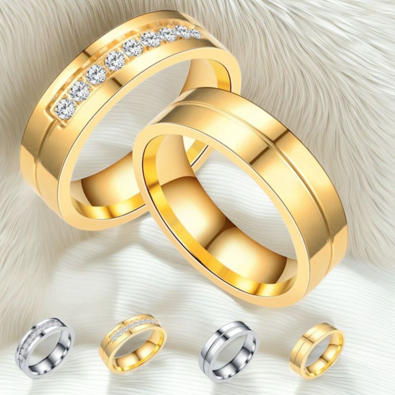 Hot Sale Stainless Steel Rhinestone Rings Simple Fashion Couple Rings for Women Men Trendy Jewelry