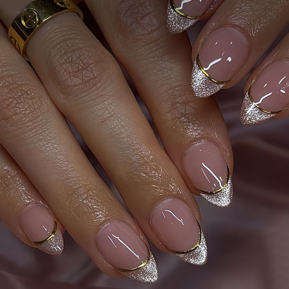 24Pcs Almond Shape Classic Glitter Press On Nails, Shiny Finish Gold Stripe French Design Wearable Fake Nails
