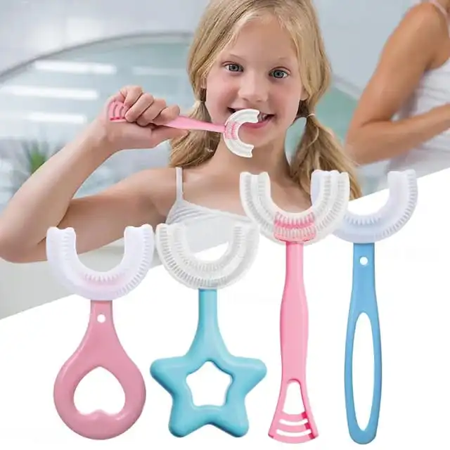 U-Shaped Toothbrush Kids 2 PCS - Toddler Toothbrush with Food Grade Soft Silicone Brush Head Manual Whole Mouth Toothbrush for Kids Age 2-6 360° Oral Teeth Cleaning Design