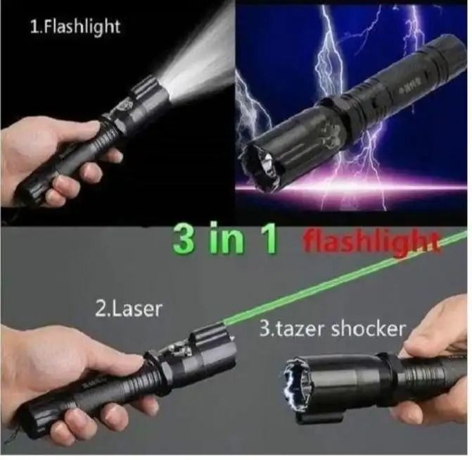 3-in-1 Tactical Flashlight with Stun Gun & Green Laser – Rechargeable Self-Defense Tool