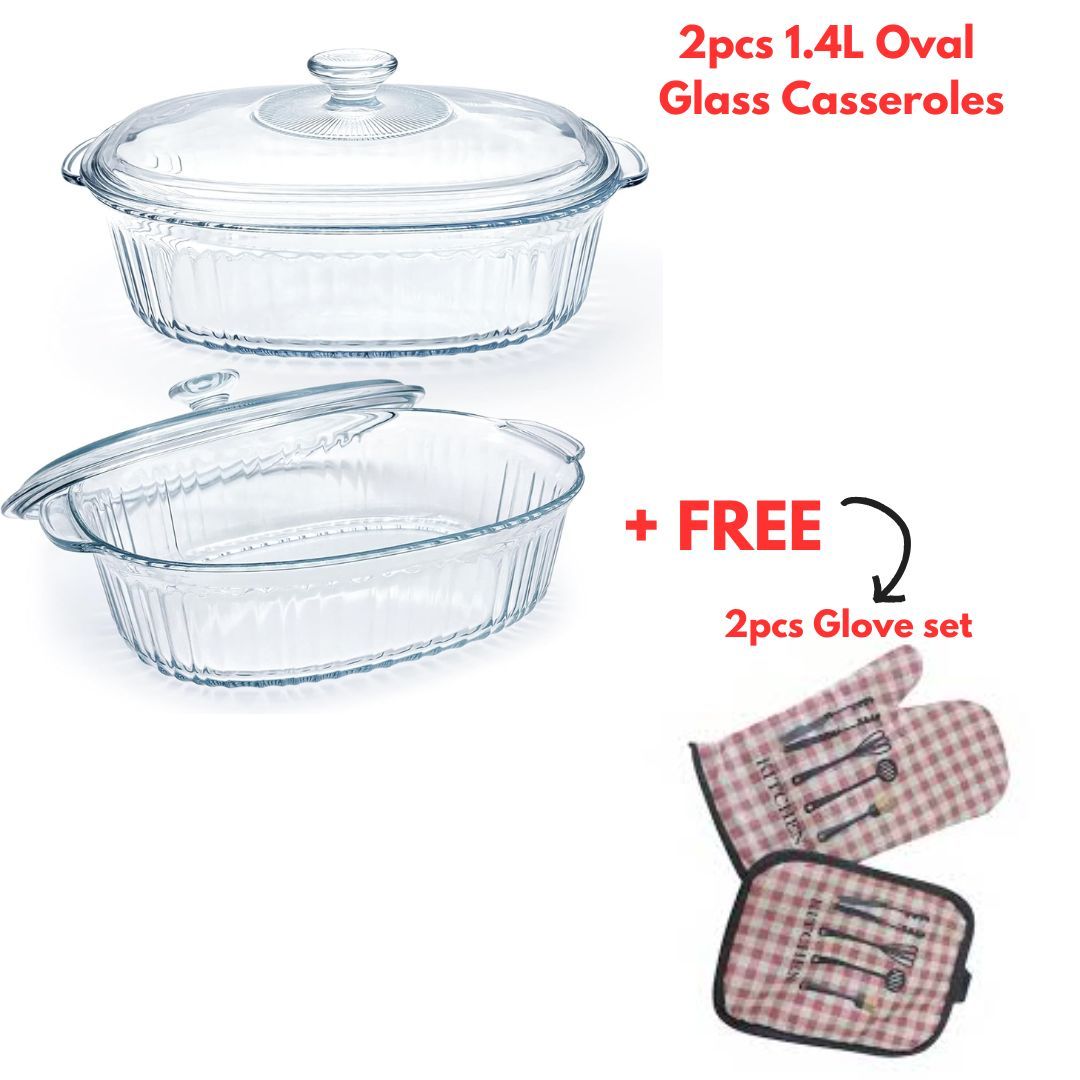 Signature 2pcs Glass Oval Casseroles with Glass lids/Oven Glass Baking dishes-1.8L & 2.8L + FREE Kitchen Glove set