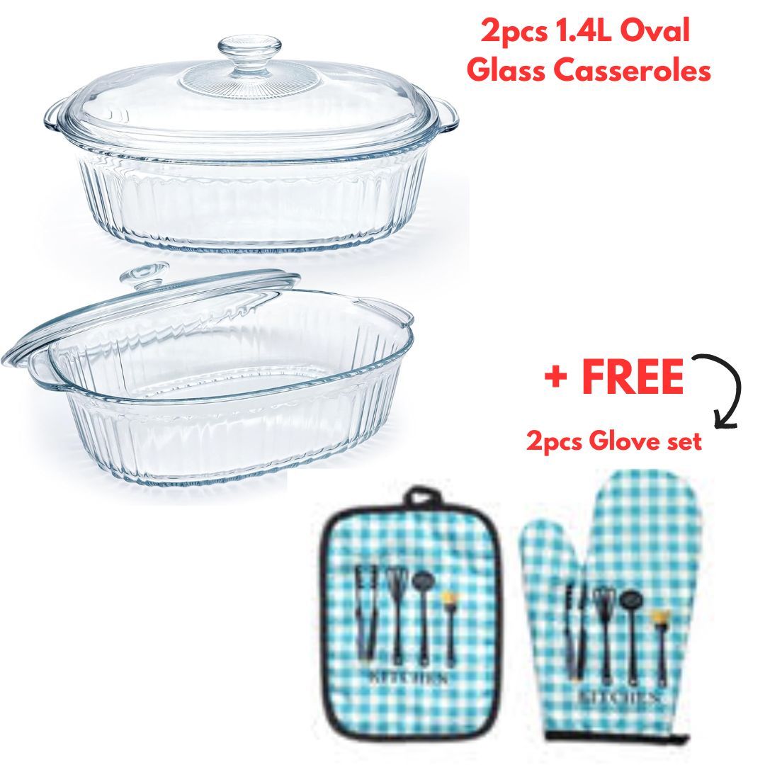 Signature 2pcs Glass Oval Casseroles with Glass lids/Oven Glass Baking dishes-1.8L & 2.8L + FREE Kitchen Glove set