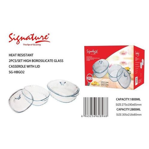 SIGNATURE 2pcs Glass Oval Casserole with Glass lids/1.8L & 2.8L Oven Glass Baking dishes + FREE 1pc Silicone Serving Spoon