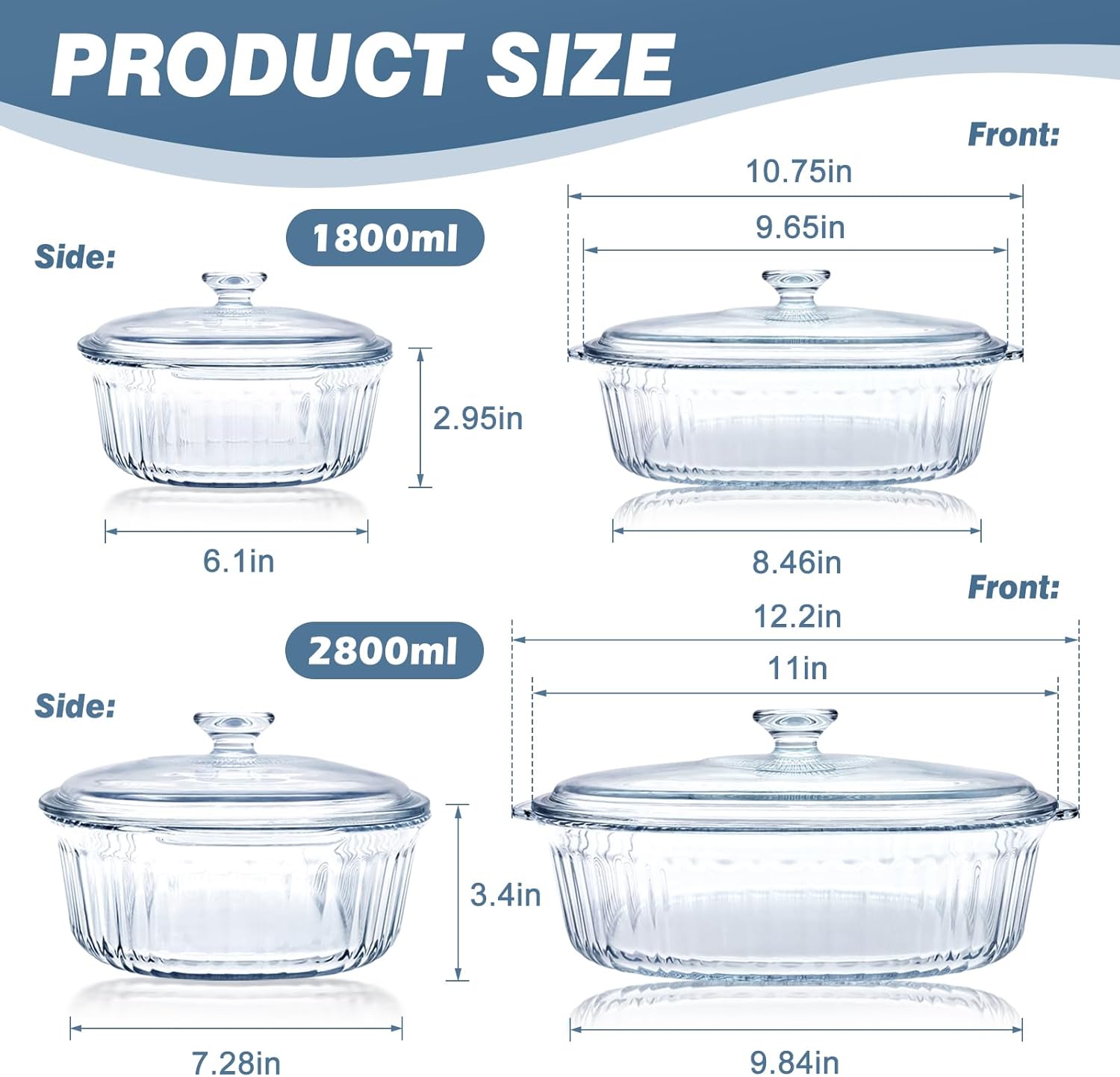 SIGNATURE 2pcs Glass Oval Casserole with Glass lids/1.8L & 2.8L Oven Glass Baking dishes + FREE 1pc Silicone Serving Spoon