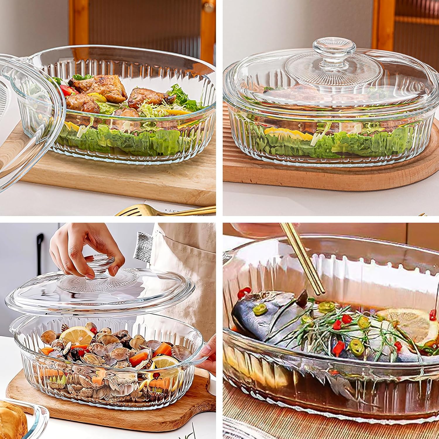 SIGNATURE 2pcs Glass Oval Casserole with Glass lids/1.8L & 2.8L Oven Glass Baking dishes + FREE 1pc Silicone Serving Spoon