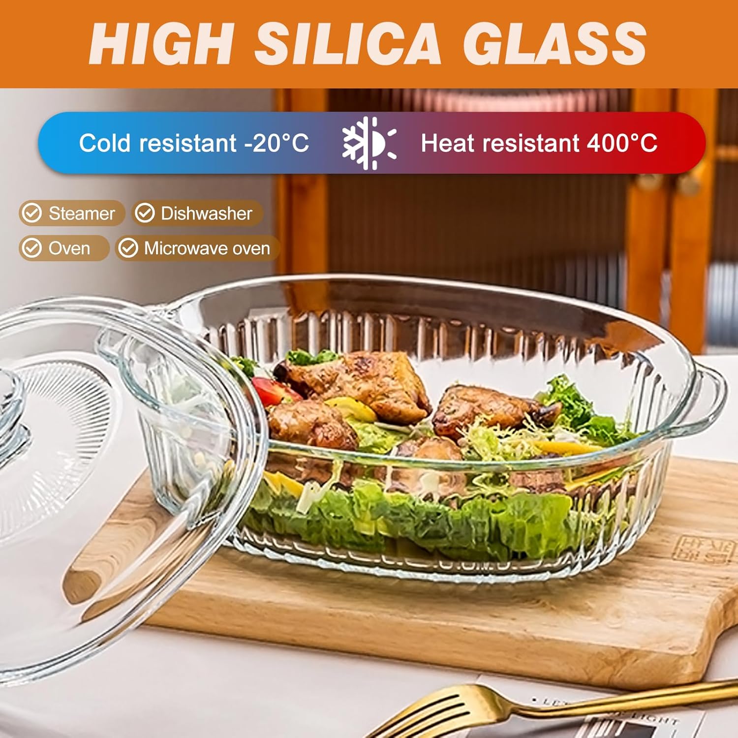 SIGNATURE 2pcs Glass Oval Casserole with Glass lids/1.8L & 2.8L Oven Glass Baking dishes + FREE 1pc Silicone Serving Spoon