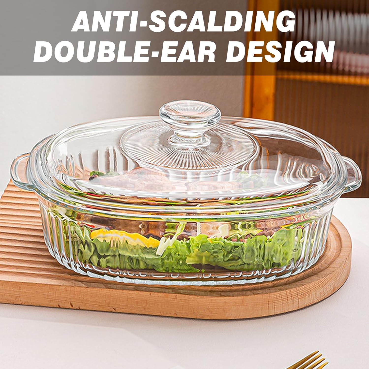 SIGNATURE 2pcs Glass Oval Casserole with Glass lids/1.8L & 2.8L Oven Glass Baking dishes + FREE 1pc Silicone Serving Spoon