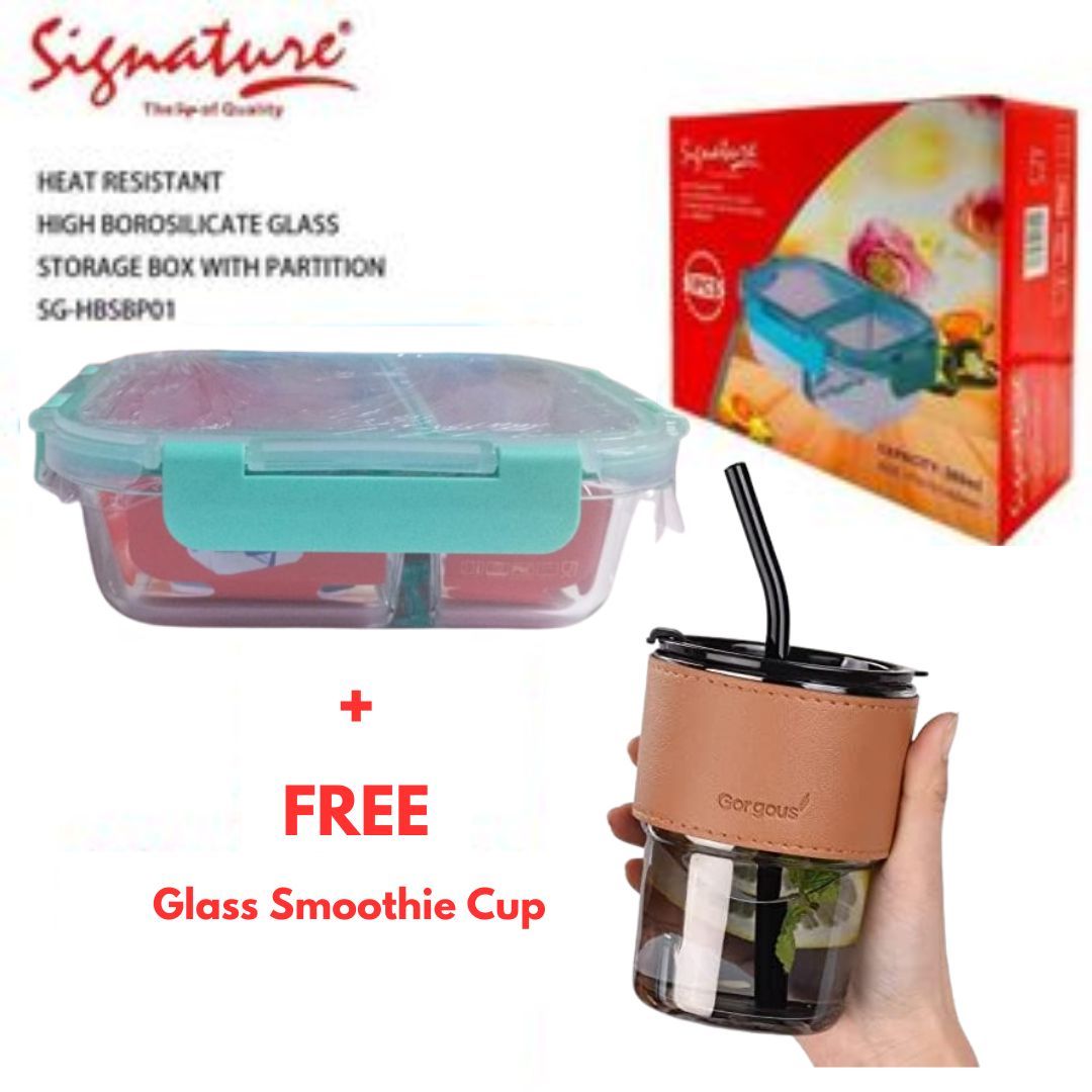 SIGNATURE 580ML Borosilicate Glass Snack/Lunch Box (2 Partitions) + FREE Beverage/Smoothie Glass Cup