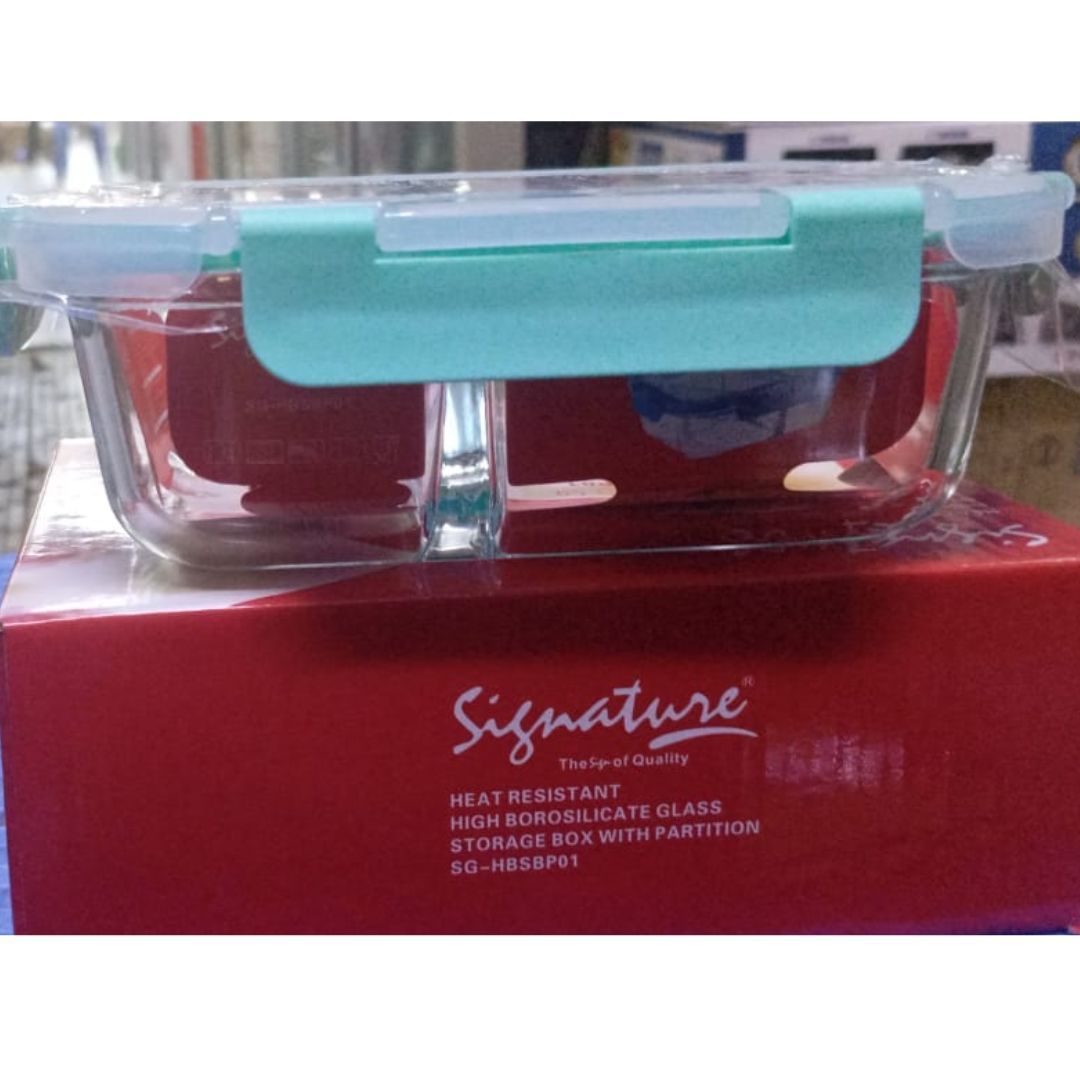 SIGNATURE 580ML Borosilicate Glass Snack/Lunch Box (2 Partitions) + FREE Beverage/Smoothie Glass Cup