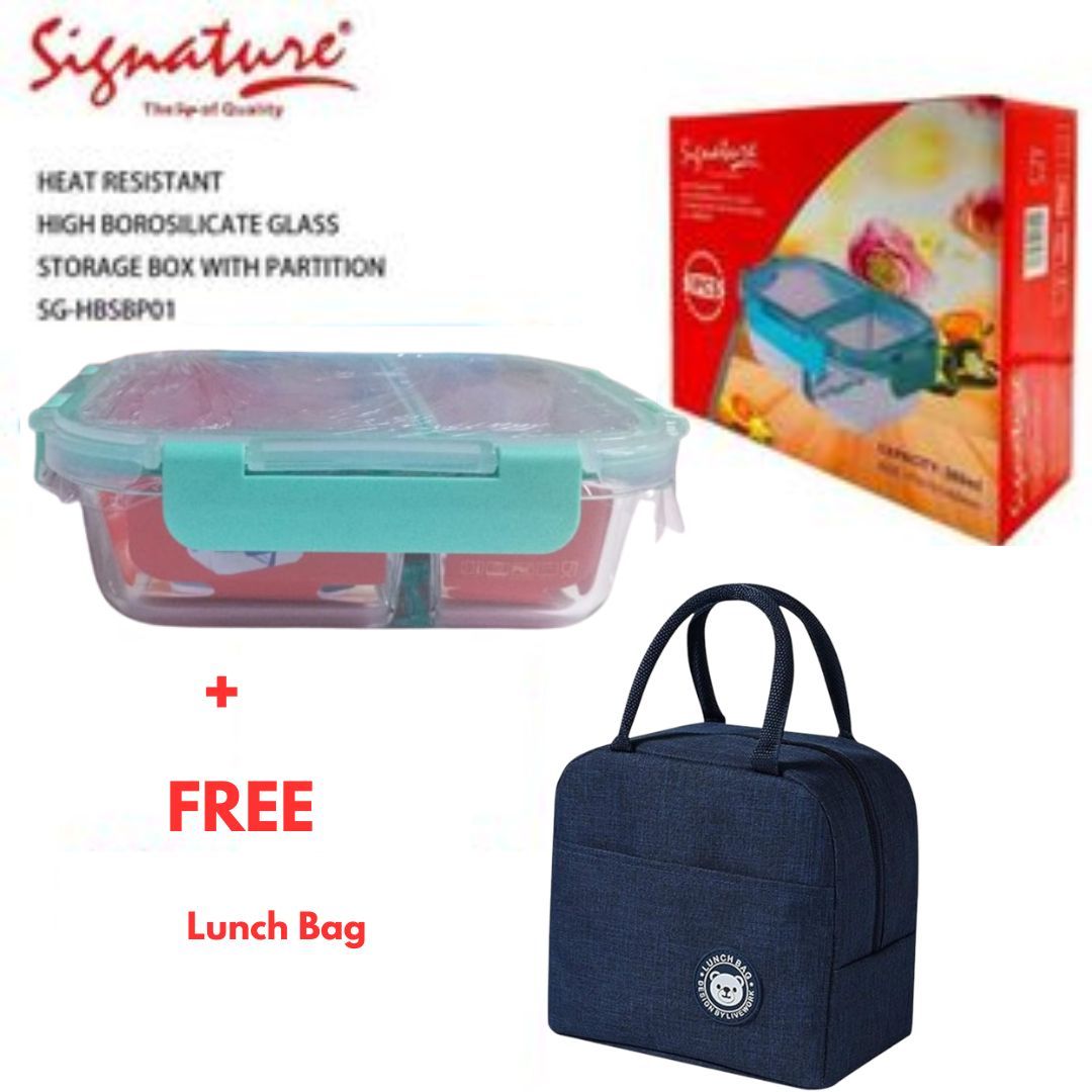 SIGNATURE 580ML Heat Resistant Glass Snack Box/Lunch Box + FREE Insulated Lunch Bag