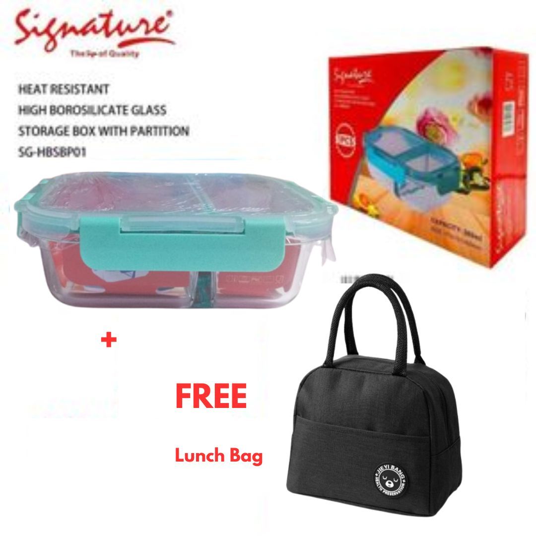 SIGNATURE 580ML Heat Resistant Glass Snack Box/Lunch Box + FREE Insulated Lunch Bag