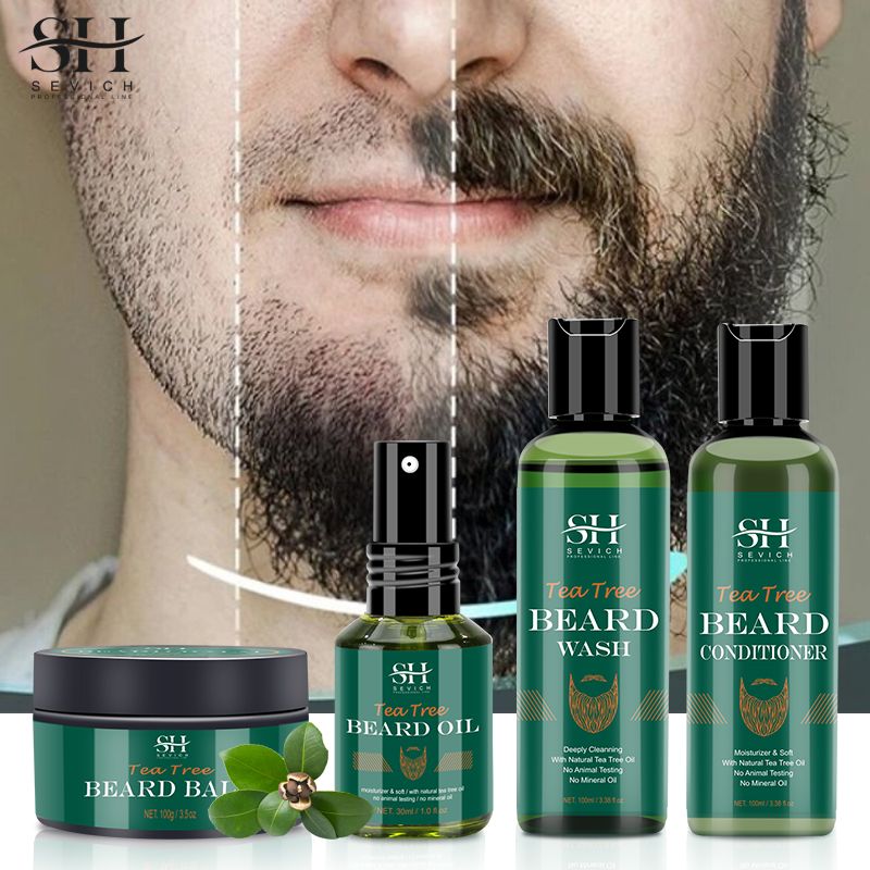 SECIVH 4pcs/Lot Tea Tree Beard Set Fast Beard Growth Oil For Men,Moisturizing Moustache Growth Cream,Anti Hair Loss Beard Shampoo,Nourishing Beard Conditioner,Men's Beard Care Products Gift Set