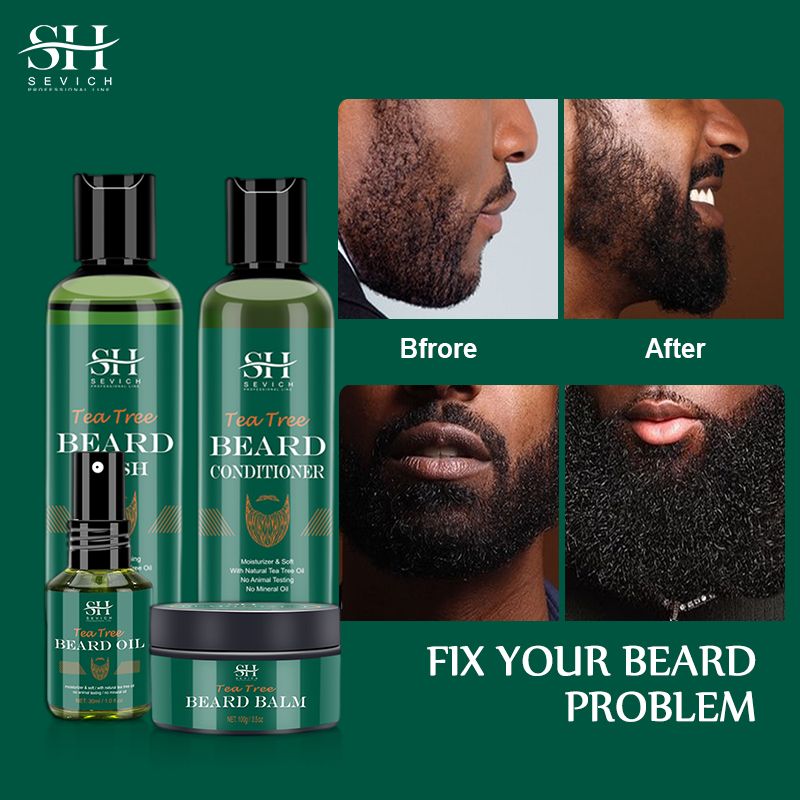 SECIVH 4pcs/Lot Tea Tree Beard Set Fast Beard Growth Oil For Men,Moisturizing Moustache Growth Cream,Anti Hair Loss Beard Shampoo,Nourishing Beard Conditioner,Men's Beard Care Products Gift Set