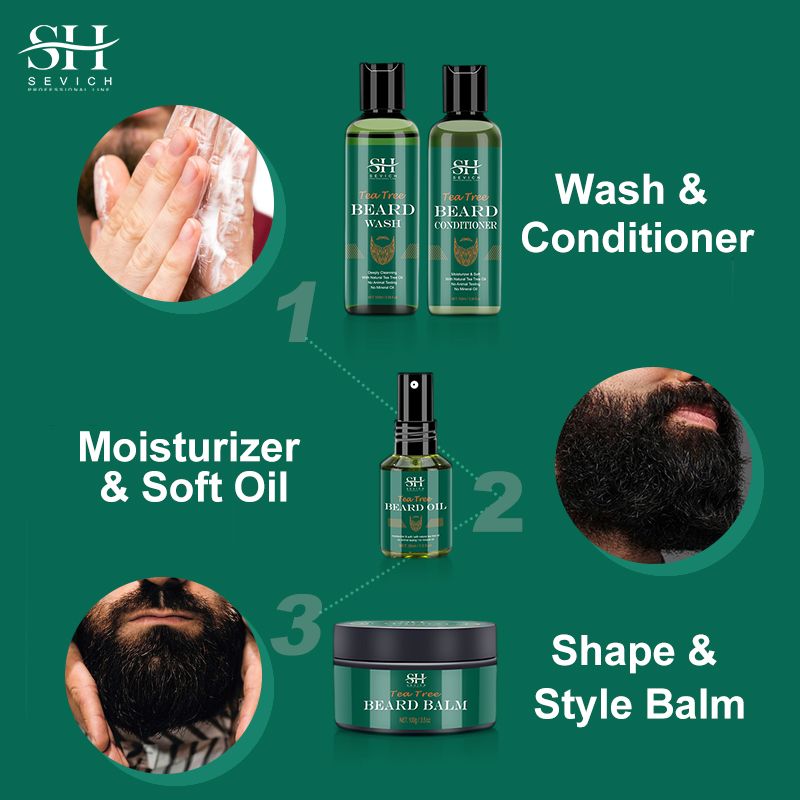 SECIVH 4pcs/Lot Tea Tree Beard Set Fast Beard Growth Oil For Men,Moisturizing Moustache Growth Cream,Anti Hair Loss Beard Shampoo,Nourishing Beard Conditioner,Men's Beard Care Products Gift Set