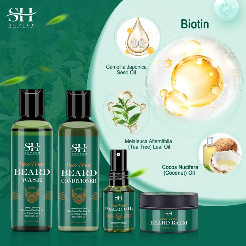 SECIVH 4pcs/Lot Tea Tree Beard Set Fast Beard Growth Oil For Men,Moisturizing Moustache Growth Cream,Anti Hair Loss Beard Shampoo,Nourishing Beard Conditioner,Men's Beard Care Products Gift Set