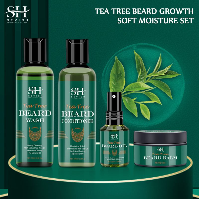 SECIVH 4pcs/Lot Tea Tree Beard Set Fast Beard Growth Oil For Men,Moisturizing Moustache Growth Cream,Anti Hair Loss Beard Shampoo,Nourishing Beard Conditioner,Men's Beard Care Products Gift Set