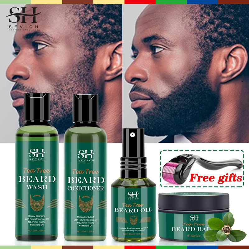 SECIVH 4pcs/Lot Tea Tree Beard Set Fast Beard Growth Oil For Men,Moisturizing Moustache Growth Cream,Anti Hair Loss Beard Shampoo,Nourishing Beard Conditioner,Men's Beard Care Products Gift Set