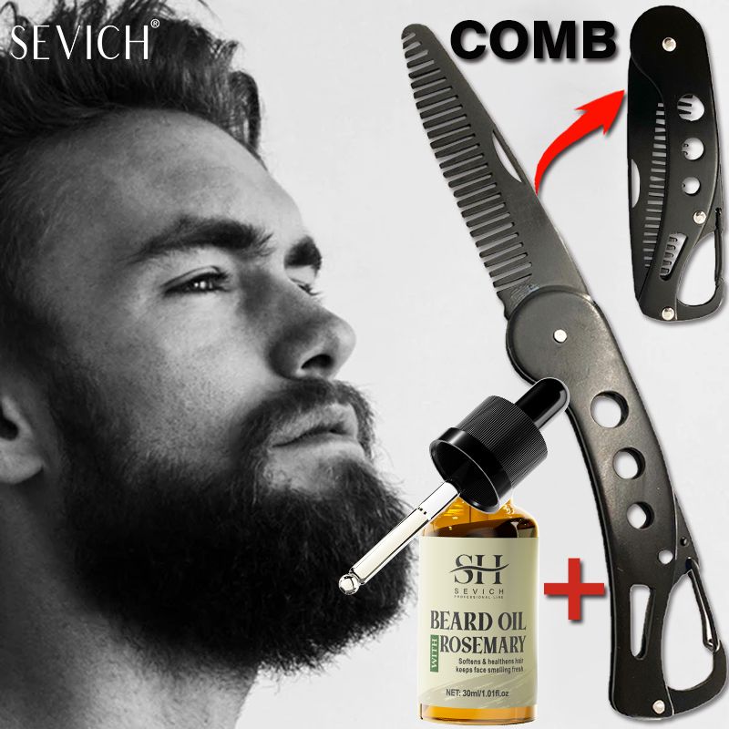 Metal Folding Beard Comb Beard Growth Essential Oil Rosemary Facial Hair Growth Liquid Man Beard Modifier Styling Toolproduct