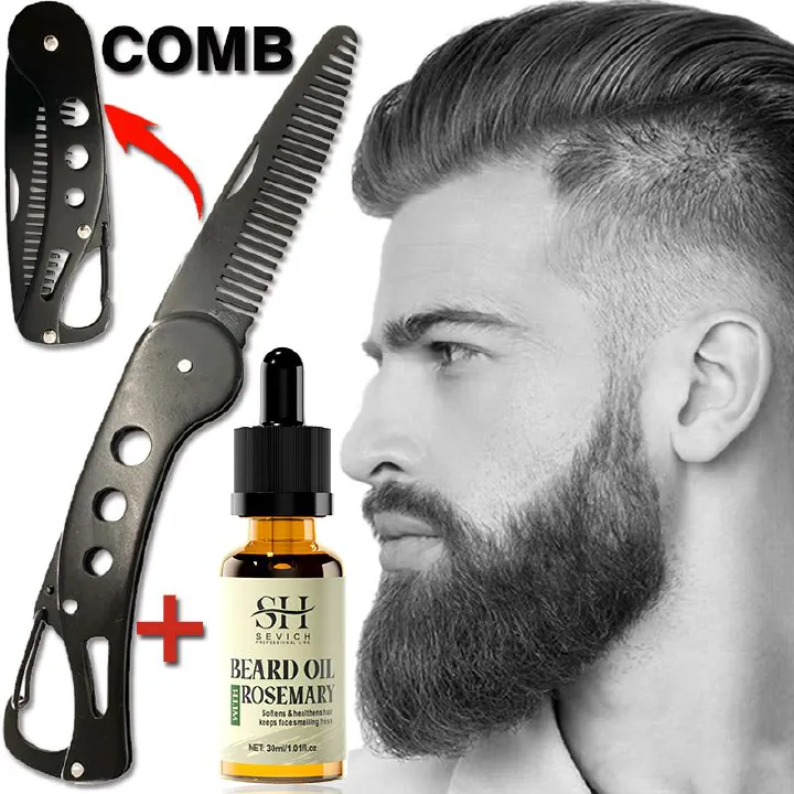 Metal Folding Beard Comb Beard Growth Essential Oil Rosemary Facial Hair Growth Liquid Man Beard Modifier Styling Toolproduct