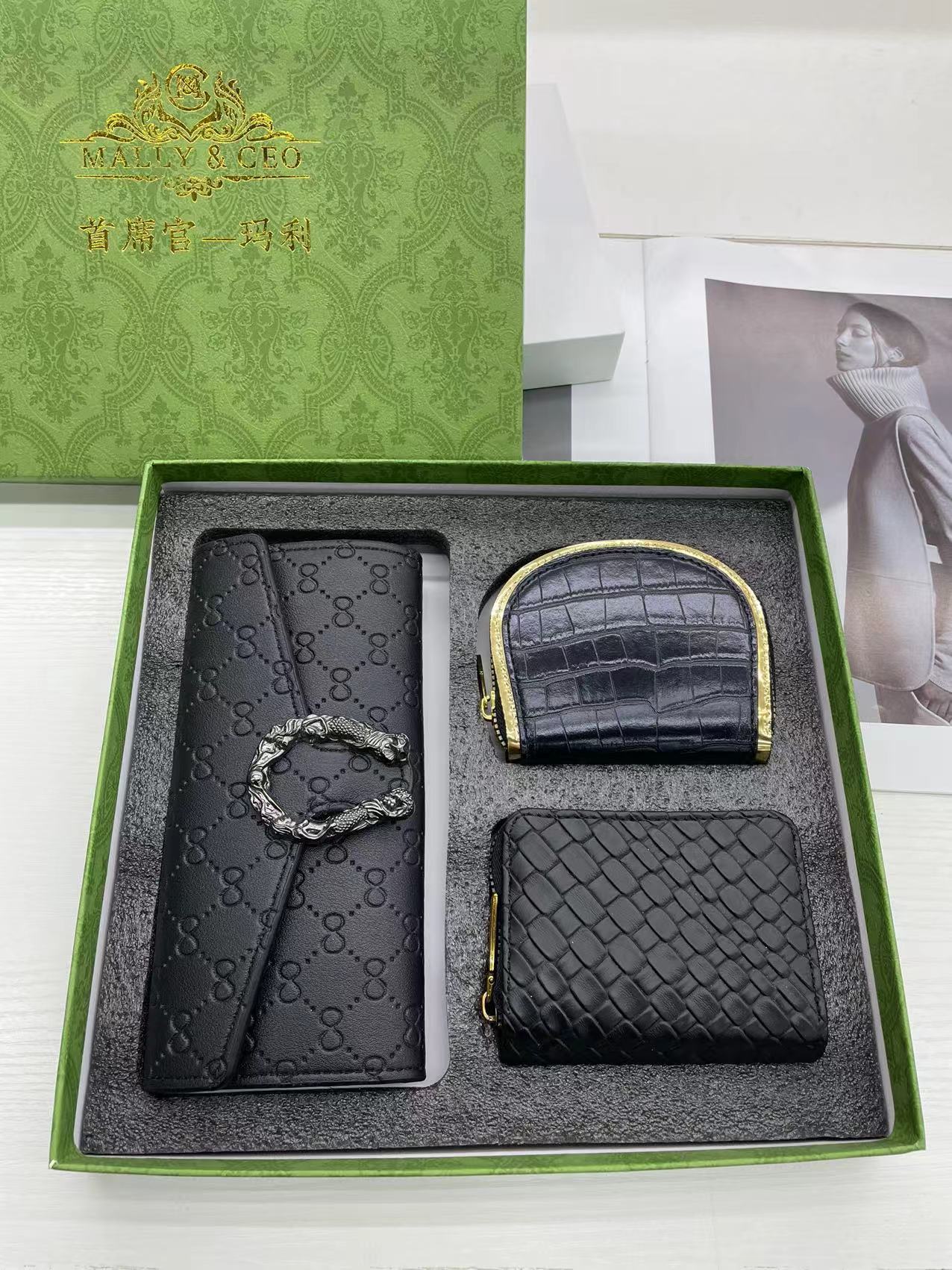 Famous Brand 3 Piece Gift Box With Black Leather Crocodile Money Bag Card Bag and Long Wallet For Women Lady Girl