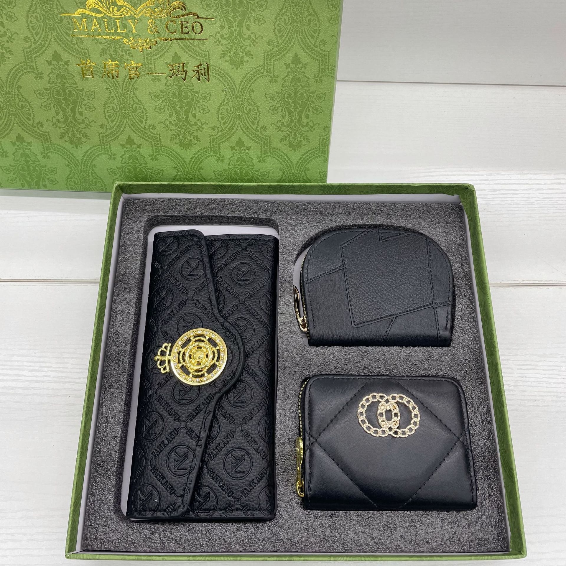 Famous Brand 3 Piece Gift Box With Black Leather Crocodile Money Bag Card Bag and Long Wallet For Women Lady Girl