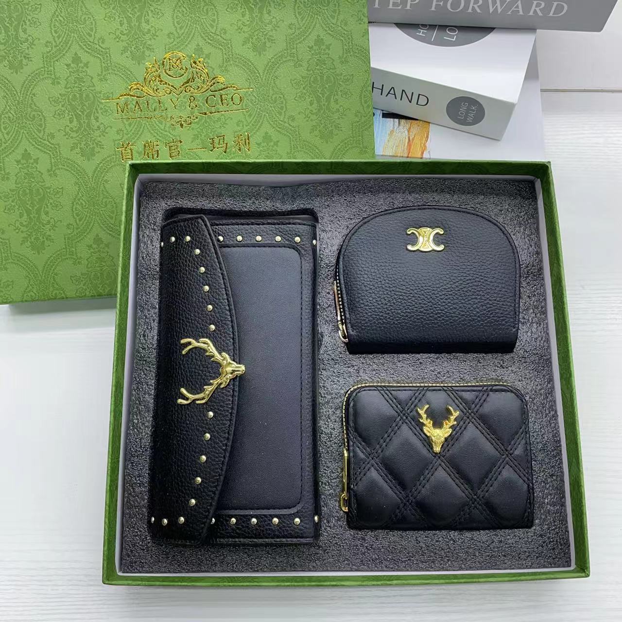 Famous Brand 3 Piece Gift Box With Black Leather Crocodile Money Bag Card Bag and Long Wallet For Women Lady Girl