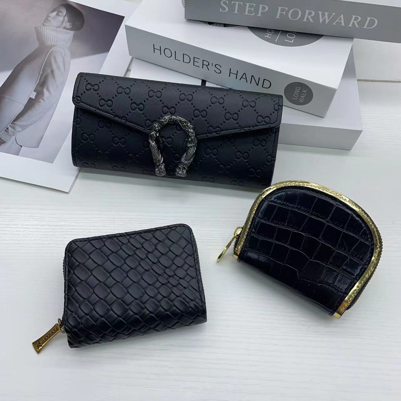 Famous Brand 3 Piece Gift Box With Black Leather Crocodile Money Bag Card Bag and Long Wallet For Women Lady Girl