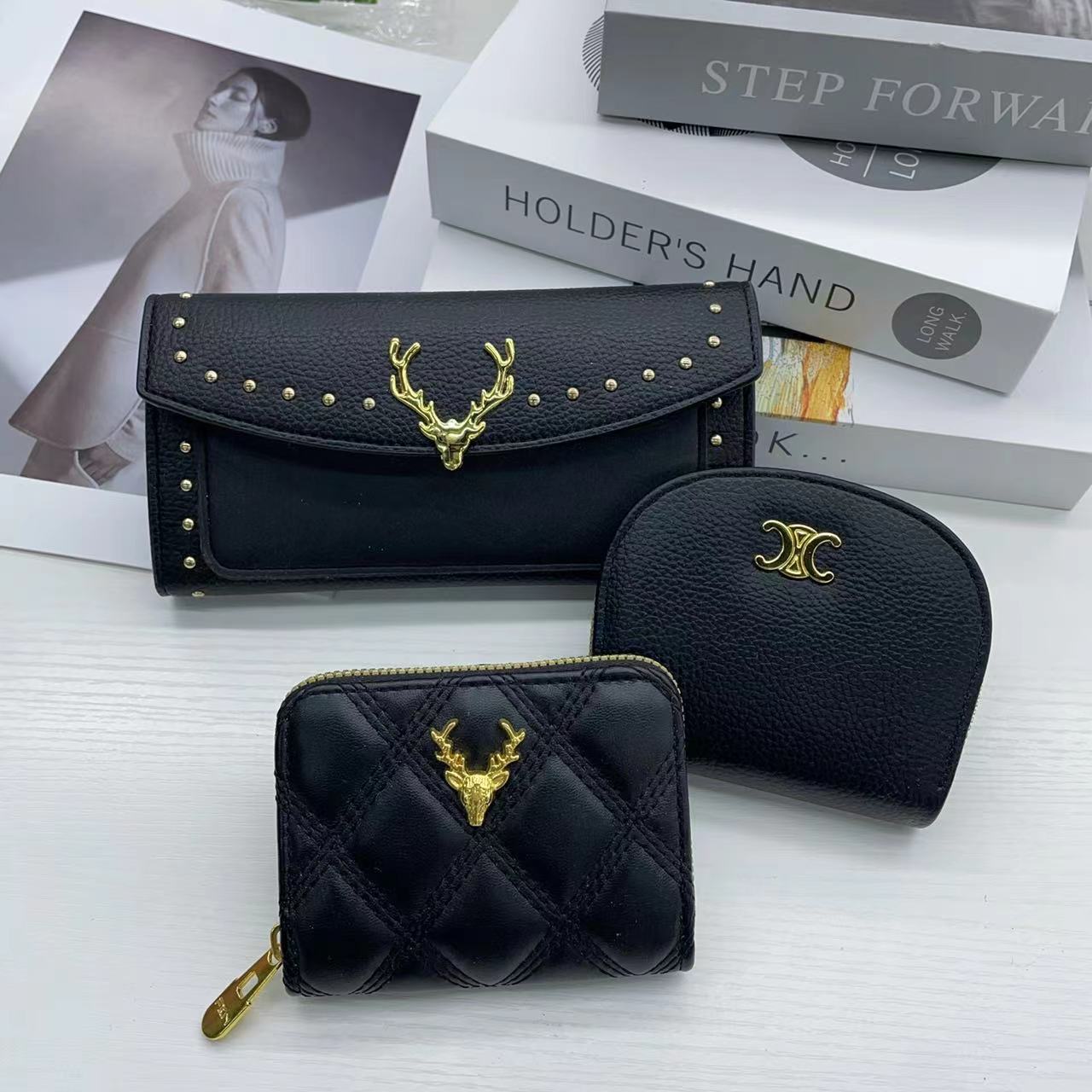 Famous Brand 3 Piece Gift Box With Black Leather Crocodile Money Bag Card Bag and Long Wallet For Women Lady Girl