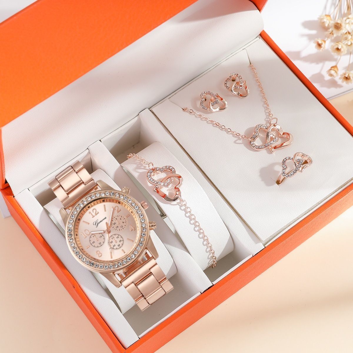 Women's Watch Jewelry 6-piece set (1PC watch +5PC jewelry) Rose gold quartz watch + Bracelet Necklace Ring Earrings Fashion rhinestone Watch accessories for girls the best birthday gift holiday gift