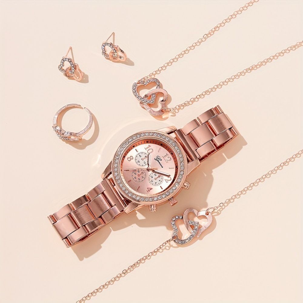 Women's Watch Jewelry 6-piece set (1PC watch +5PC jewelry) Rose gold quartz watch + Bracelet Necklace Ring Earrings Fashion rhinestone Watch accessories for girls the best birthday gift holiday gift